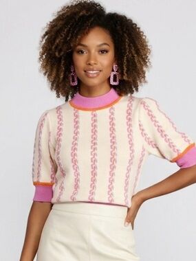 THML Multi-Pattern Short Sleeve Knit Sweater Cream with Pink and Orange Trim M